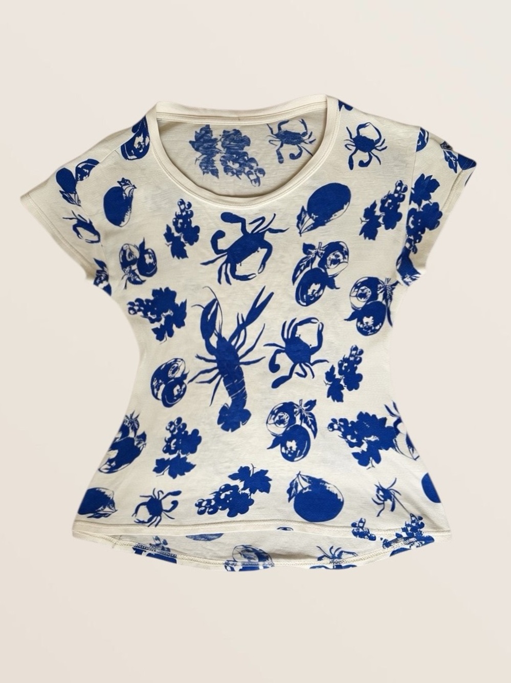 J. Crew White Linen Tee with Bold Blue Sea Life Print